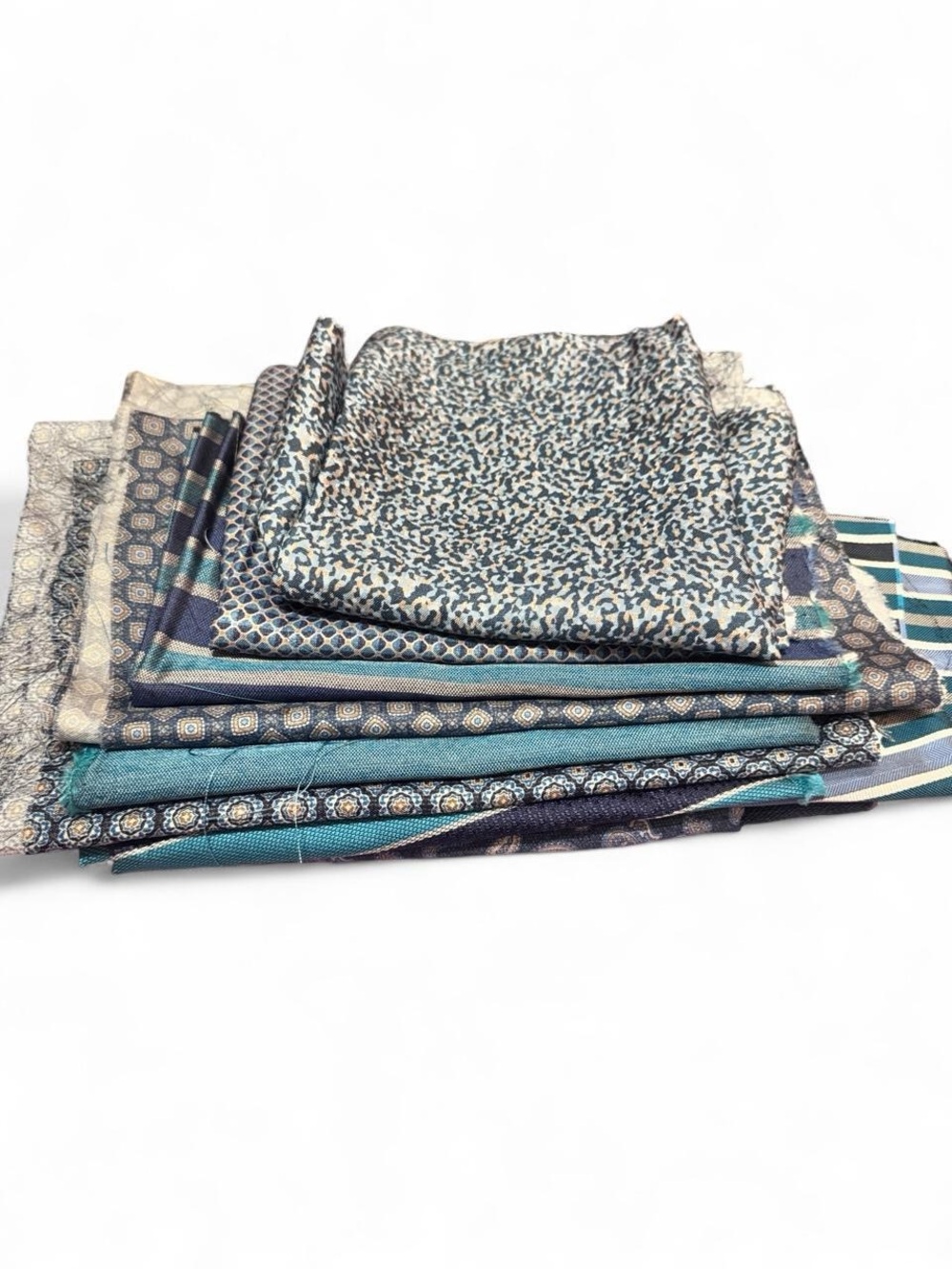 Bundle of 10 blue green turquoise teal toned 100% Italian silk fabric remnants